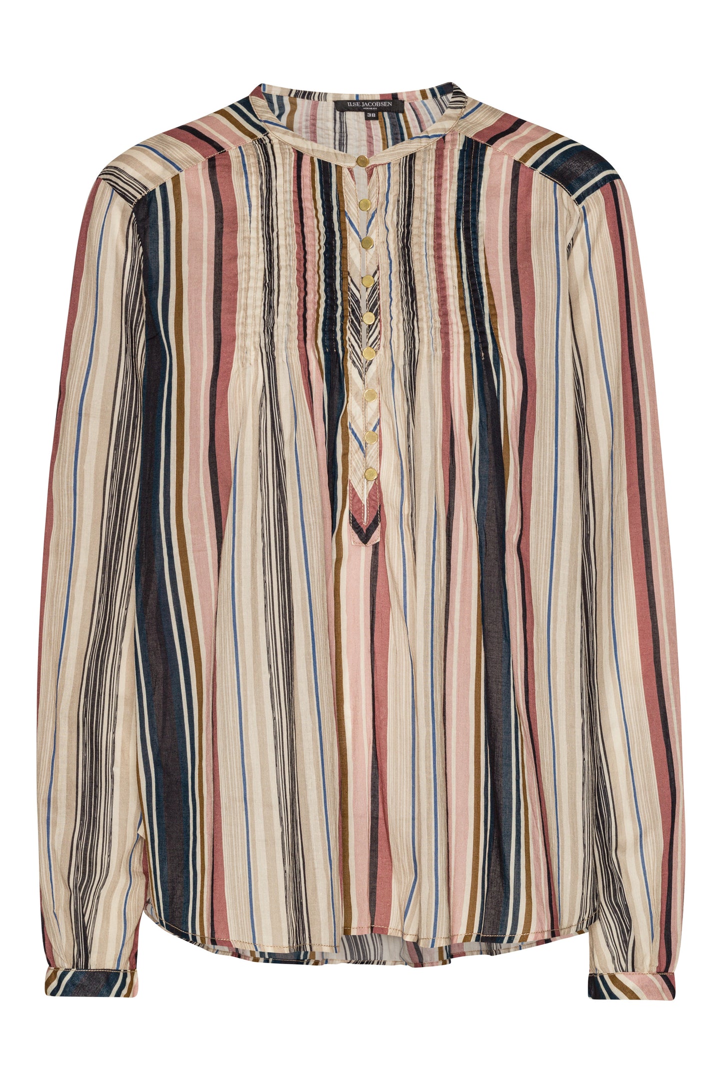 Ilse Jacobsen beige stripe cotton button up shirt with pin tucks.