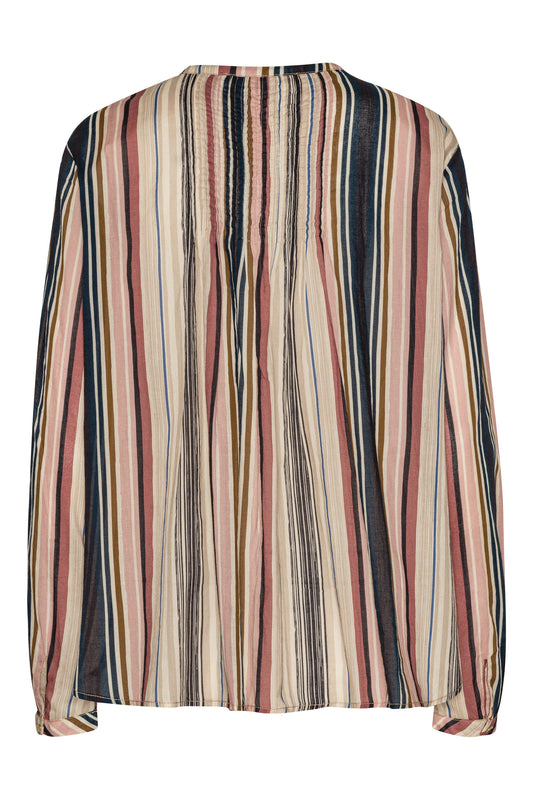 Ilse Jacobsen beige stripe cotton button up shirt with pin tucks.