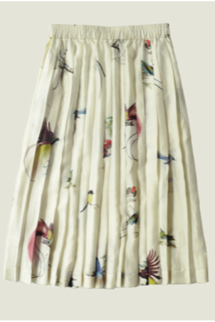 Runaway Bicycle Cara silk skirt with digital birds of paradise print on alabaster.