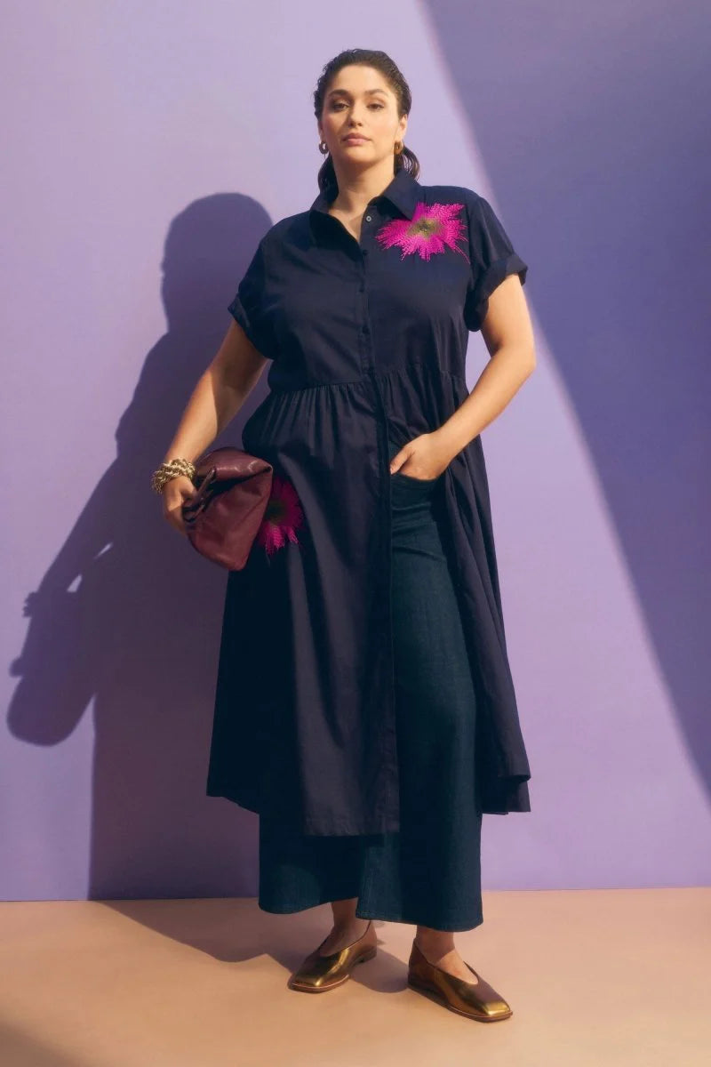 Elk Eiren shirt dress navy cotton sateen with lilac embroidered floral motifs.