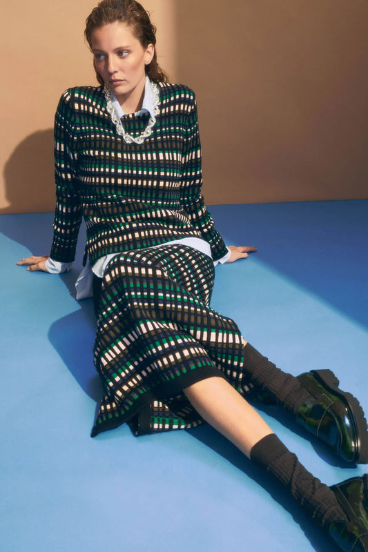 Elk Svea organic cotton knit striped pencil skirt with black, green, and beige pattern