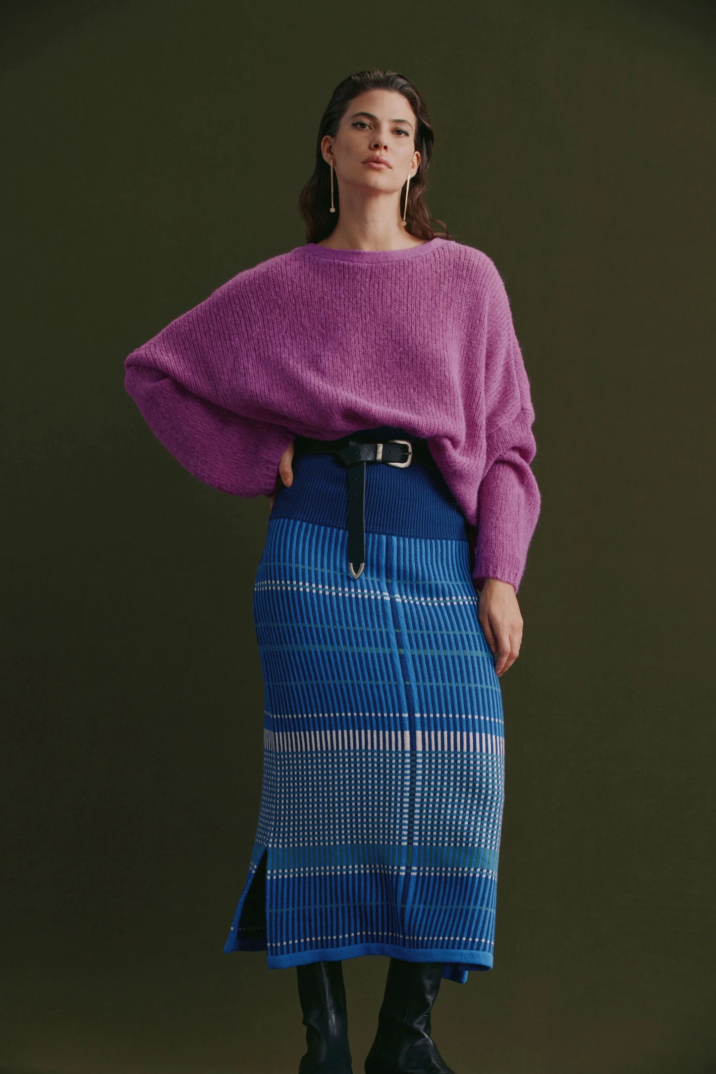 Elk Cila organic cotton knit skirt in blue multi check stripe.