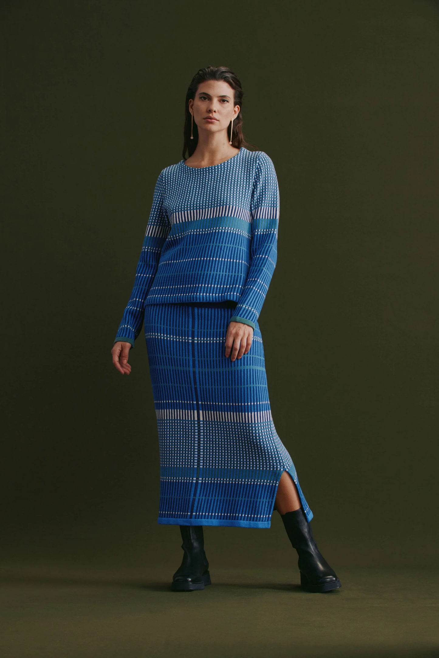 Elk Cila organic cotton knit sweater in blue multi stripe and check.