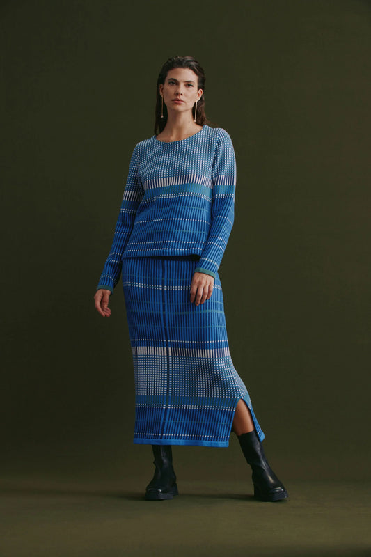 Elk Cila organic cotton knit skirt in blue multi check stripe.