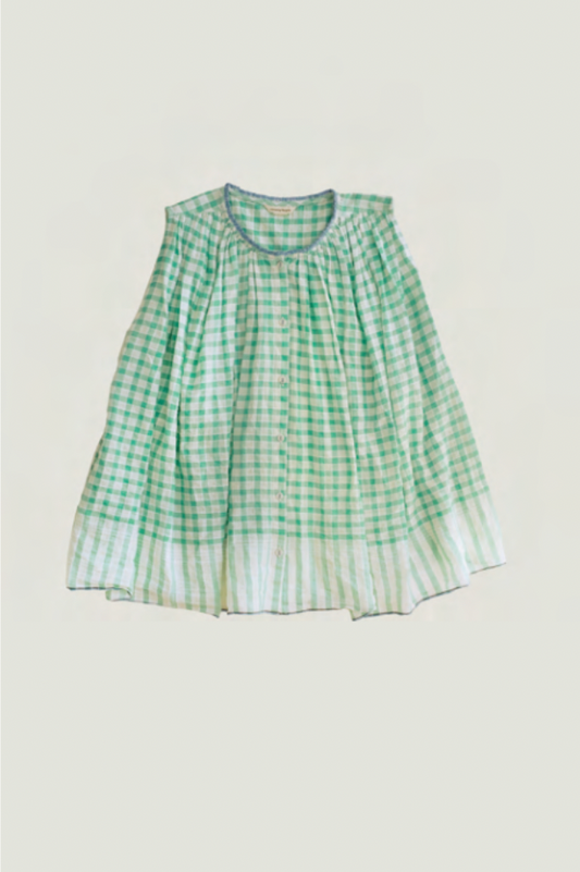 Runaway Bicycle handloom cotton Dina gathered top in aquamarine checks.