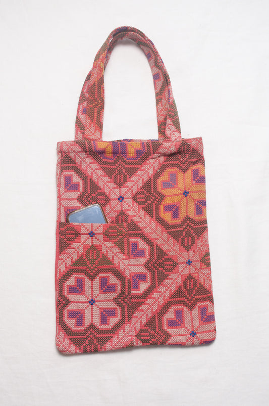 Vintage kantha quilt tote bag, cross stitch embroidered.