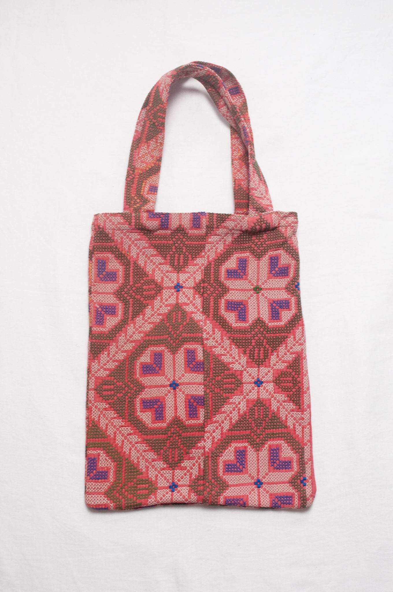 Vintage kantha quilt tote bag, cross stitch embroidered.