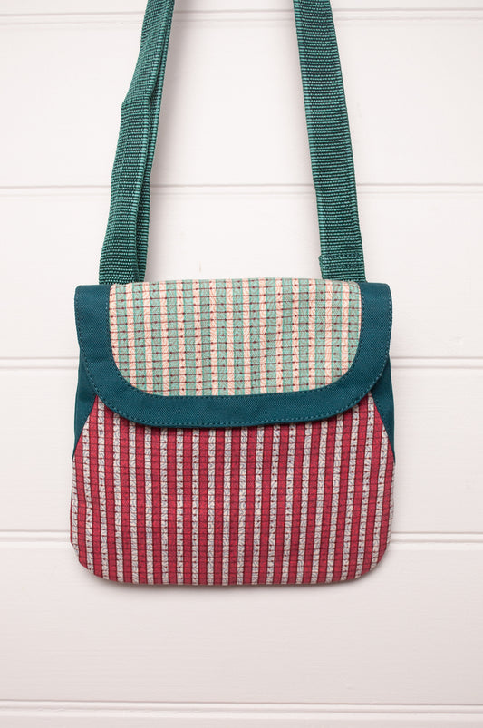 Anna Kaszer cotton canvas Samara crossbody bag in red and green.