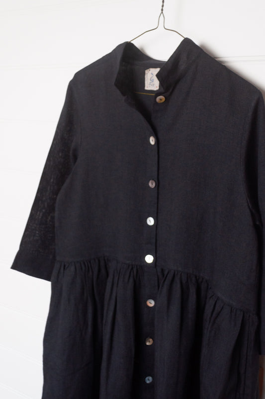 Dve button up Tara shirt dress in black linen.