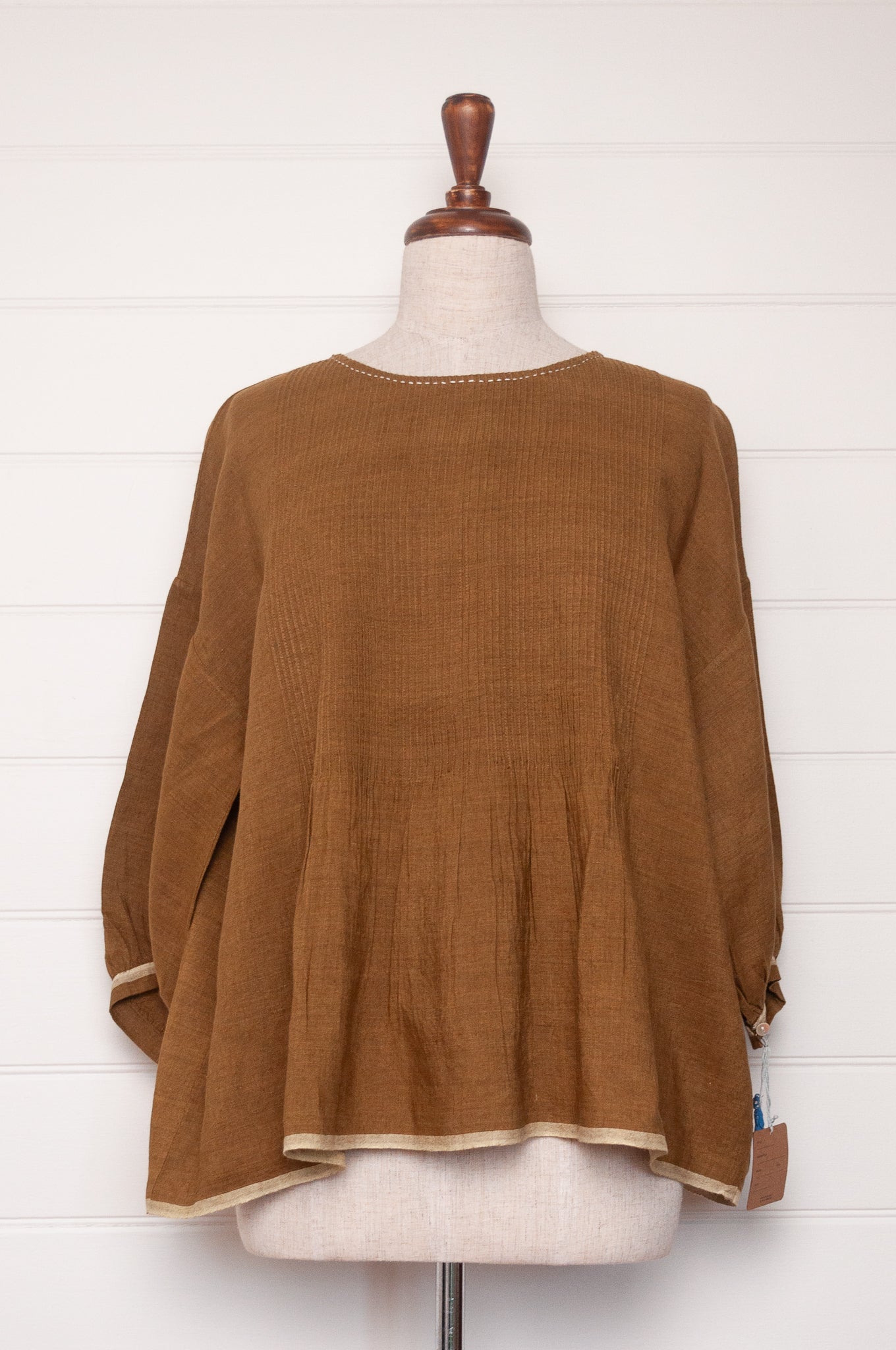 Dve one size pintucked linen Anisha top in mustard.