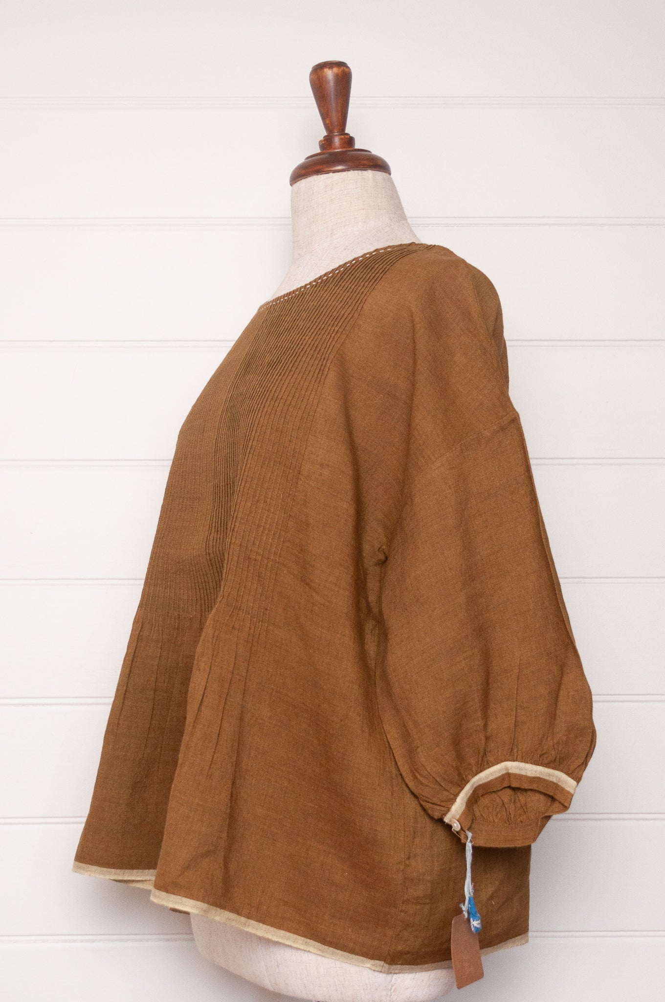 Dve one size pintucked linen Anisha top in mustard.