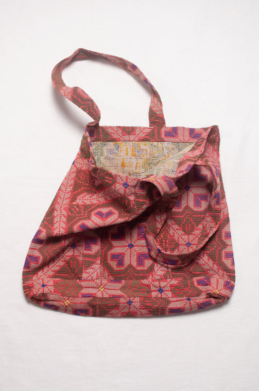 Vintage kantha quilt market tote bag, cross stitch embroidered.