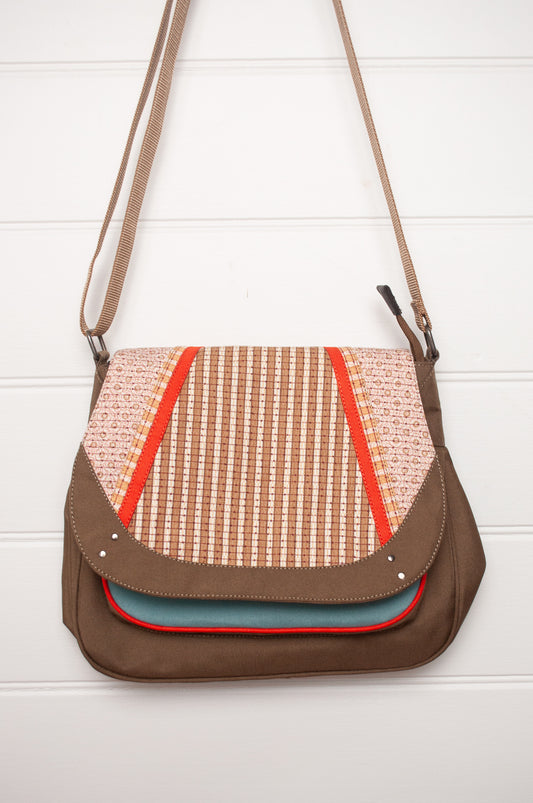 Anna Kaszer cotton canvas Ionza handbag in taupe and mustard.