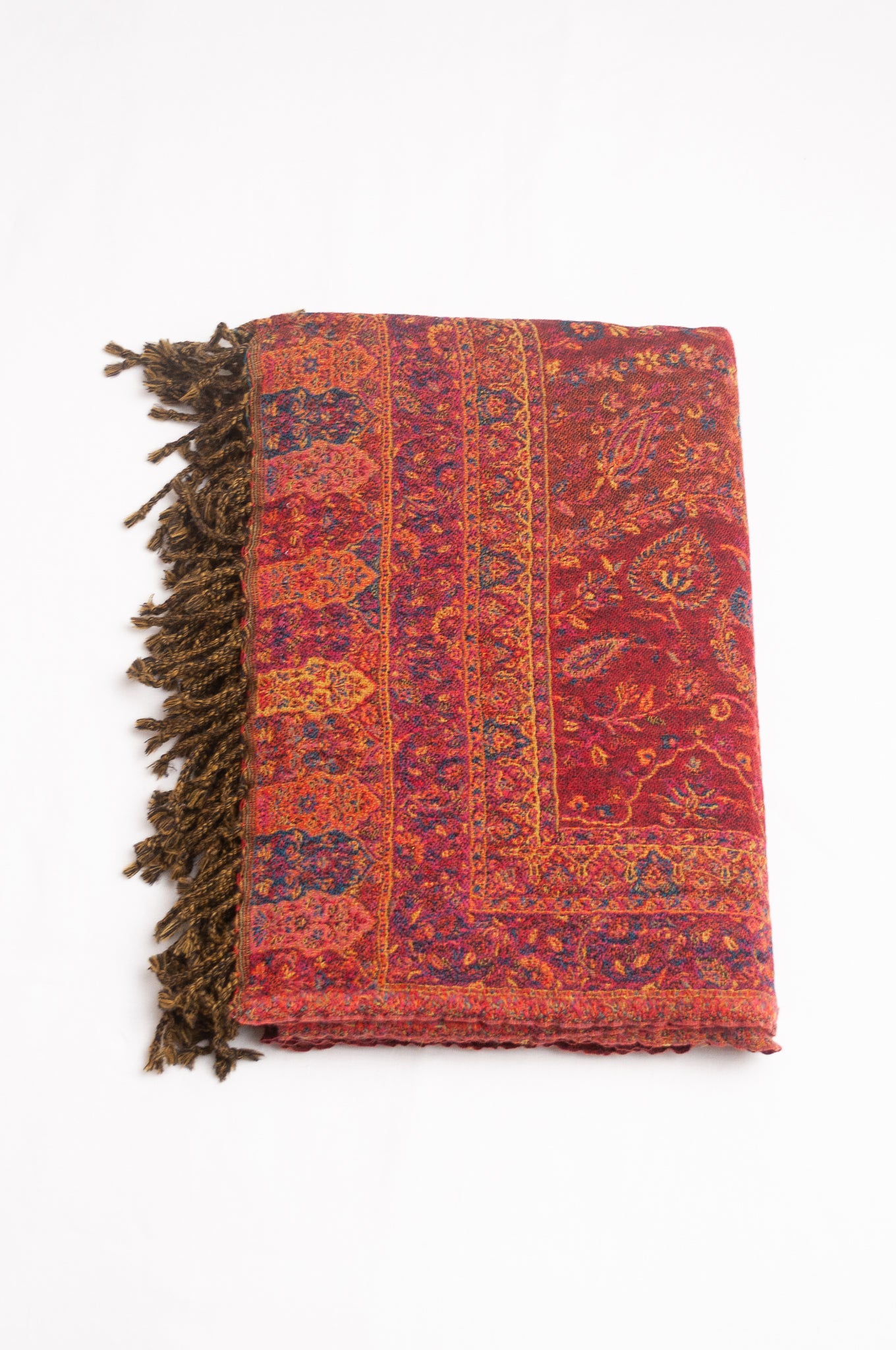 Tasseled wool throw - ruby paisley flower