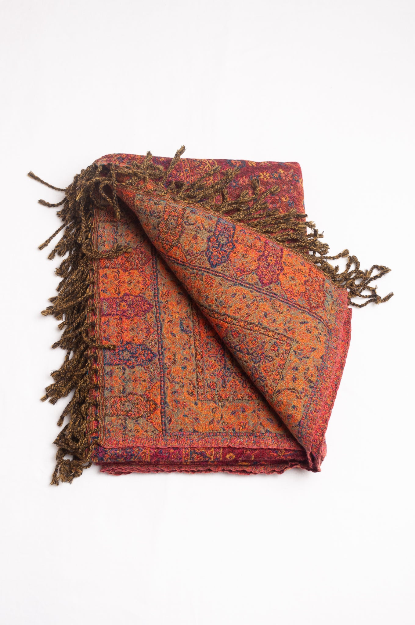 Tasseled wool throw - ruby paisley flower
