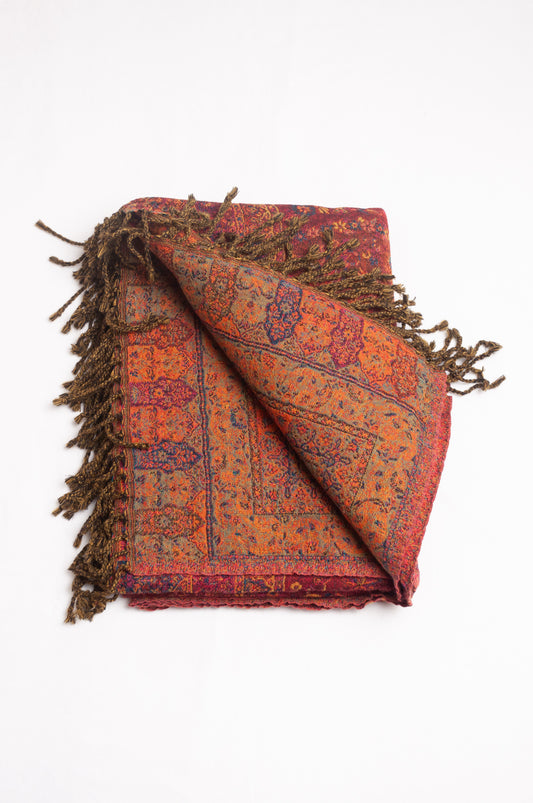 Tasseled wool throw - ruby paisley flower