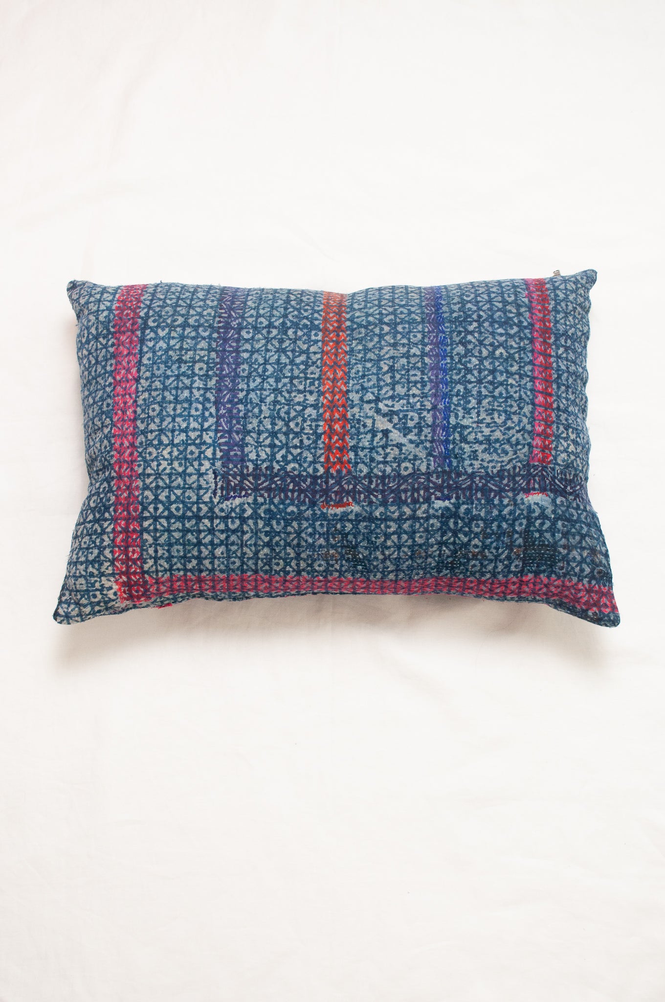 Vintage kantha bolster cushion - red striped blue
