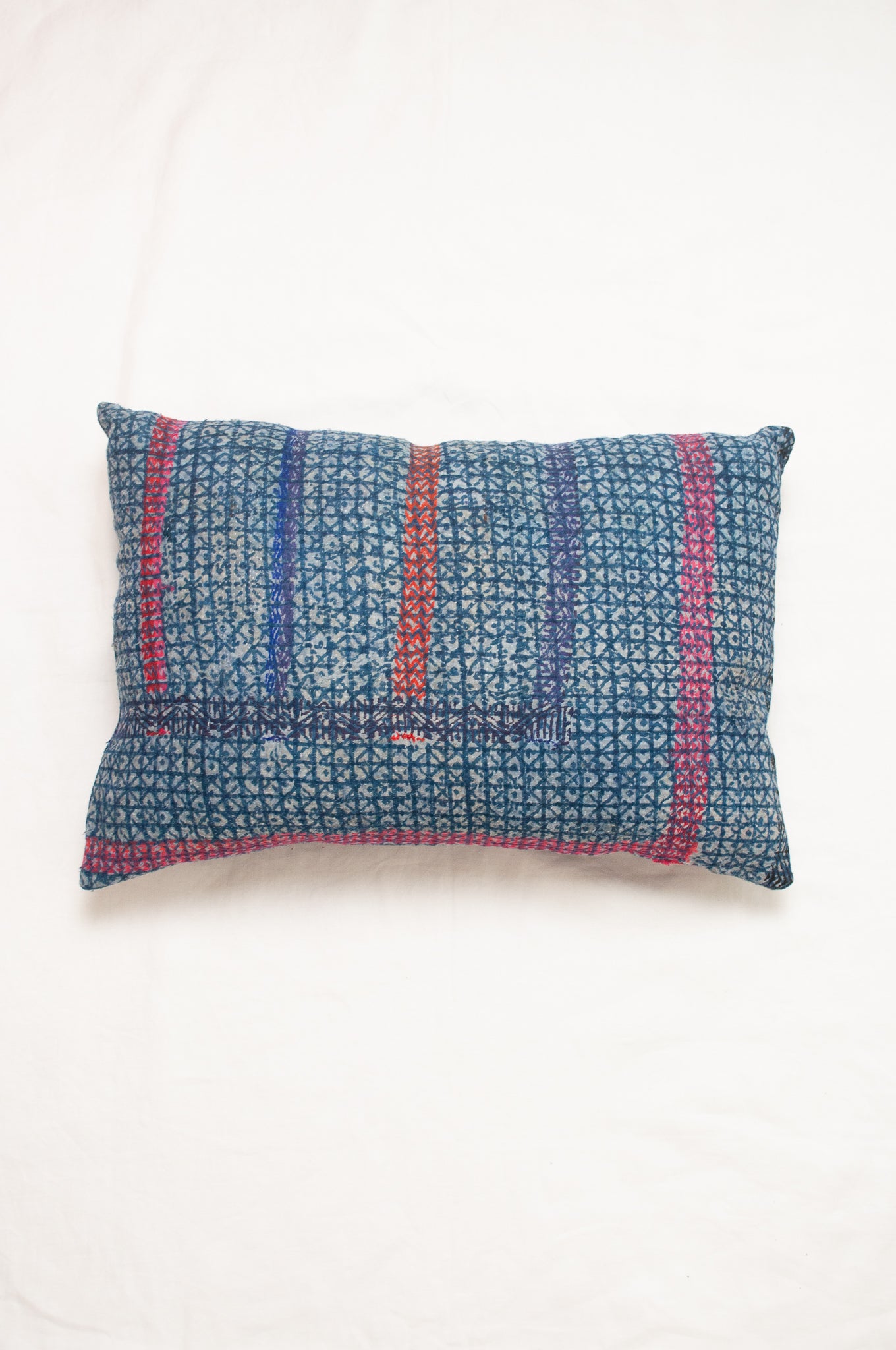 Vintage kantha bolster cushion - red striped blue