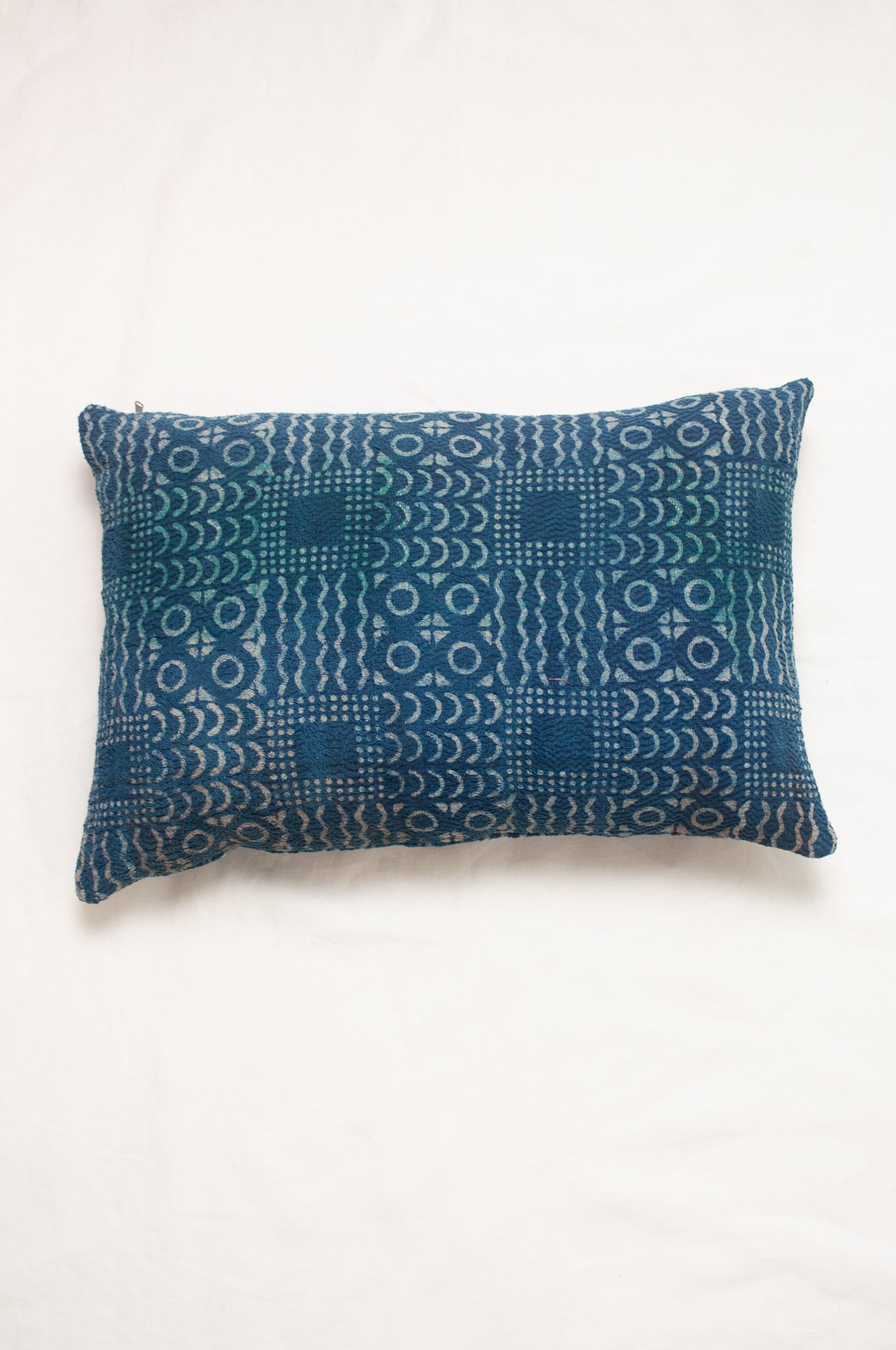 Vintage kantha bolster cushion - indigo patchwork II