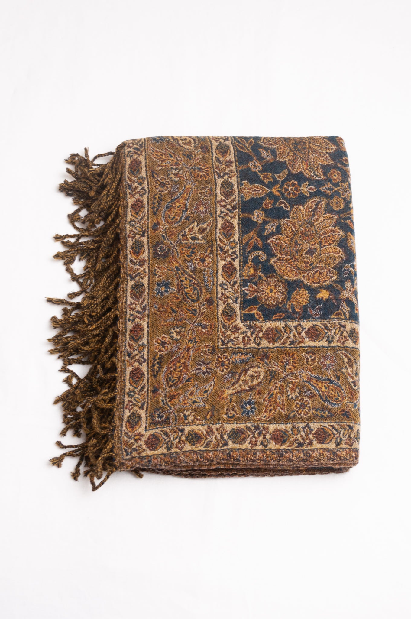 Tasseled wool throw - olive paisley flower