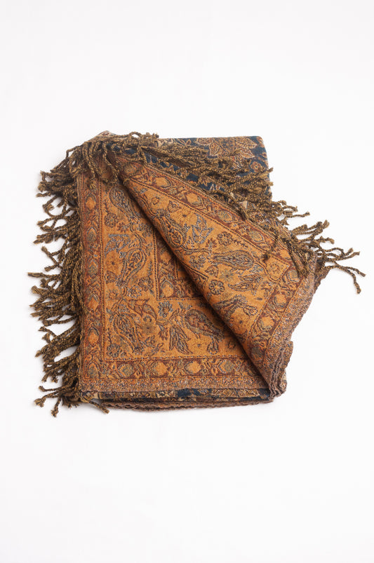 Tasseled wool throw - olive paisley flower