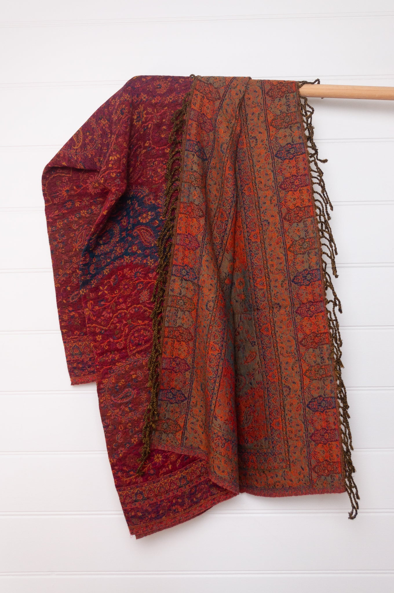 Tasseled wool throw - ruby paisley flower
