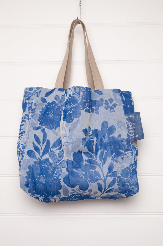 Letol organic cotton jacquard weave tote bag in azur blue floral design.