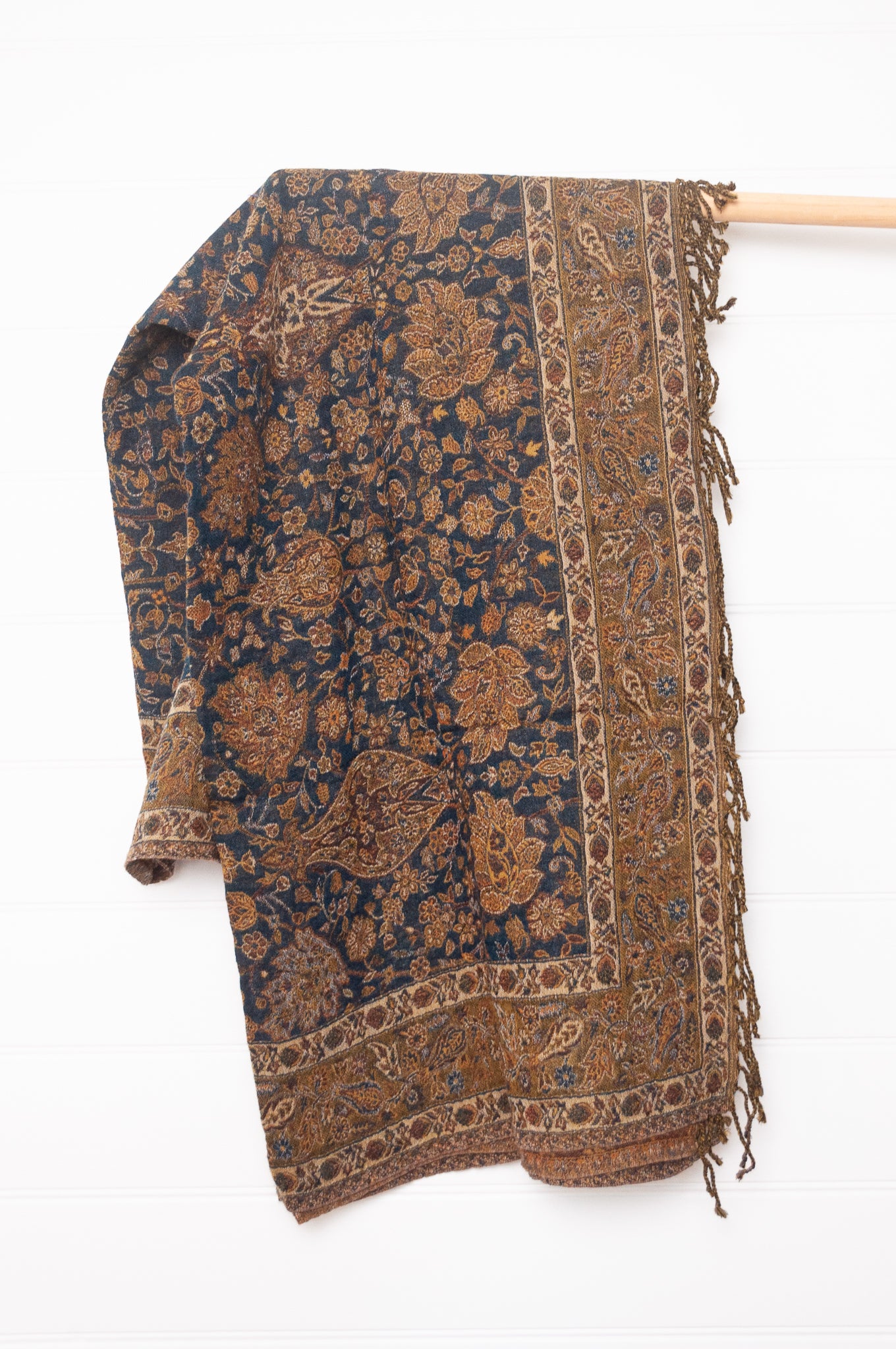 Tasseled wool throw - olive paisley flower