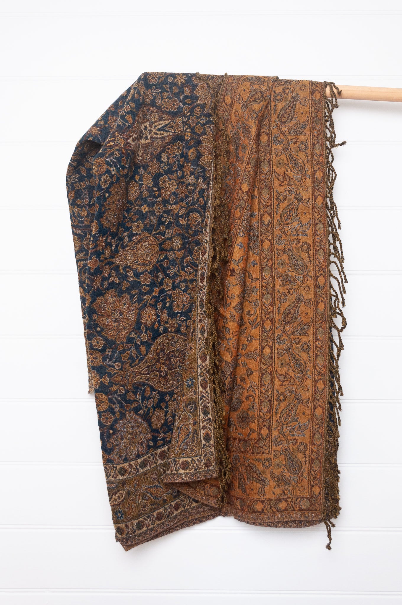 Tasseled wool throw - olive paisley flower