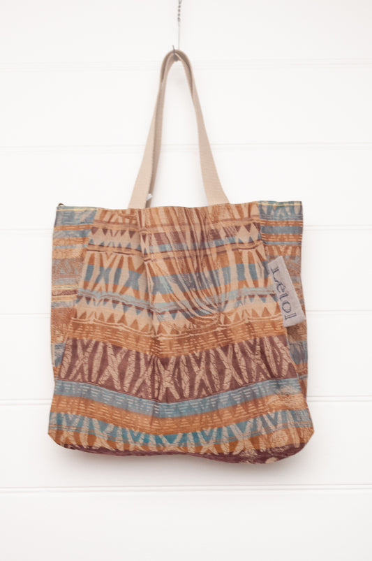 Letol organic cotton jacquard weave large tote bag in foliage and stripes in mustard, chocolate brown.