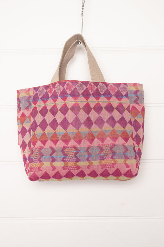 Letol organic cotton jacquard weave mini tote bag in checks and stripes red and pink.