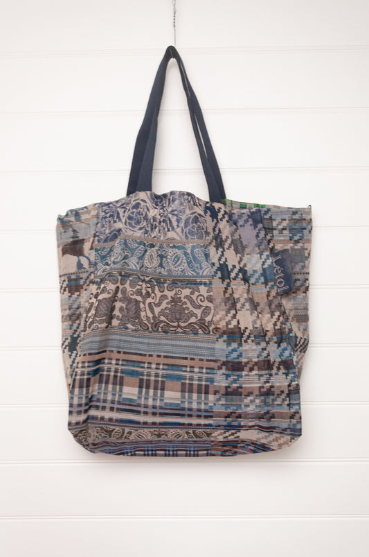 Letol organic cotton jacquard weave large tote bag in tartan flowers and stripes in blues and brown.