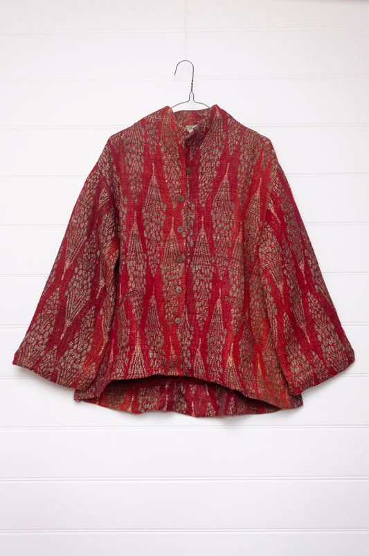 NK handwoven wool silk jacket in red and orange, cotton lined.