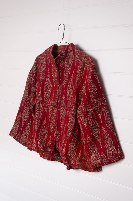 NK handwoven wool silk jacket in red and orange, cotton lined.