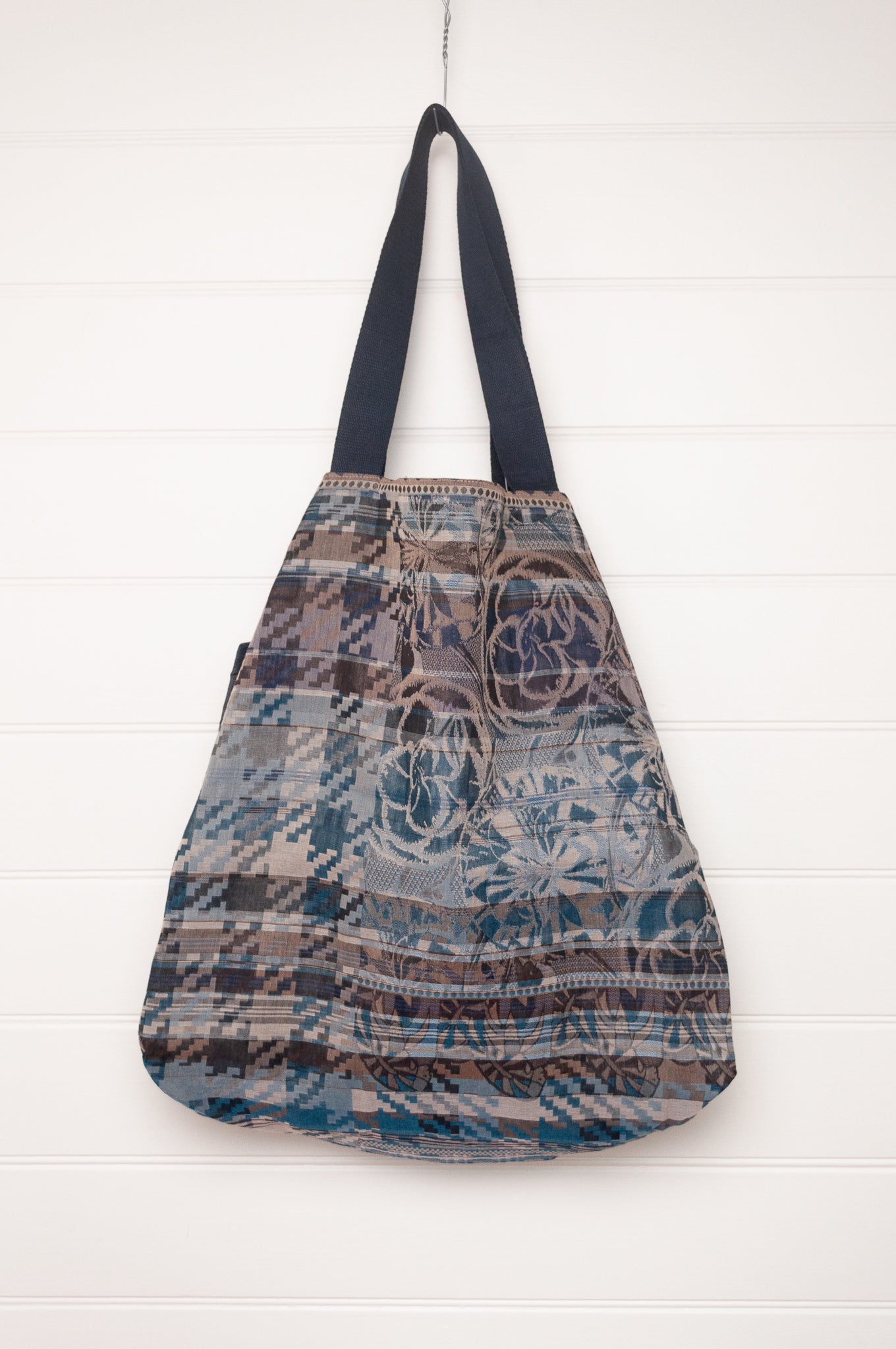 Letol organic cotton jacquard weave large tote bag in tartan flowers and stripes in blues and brown.