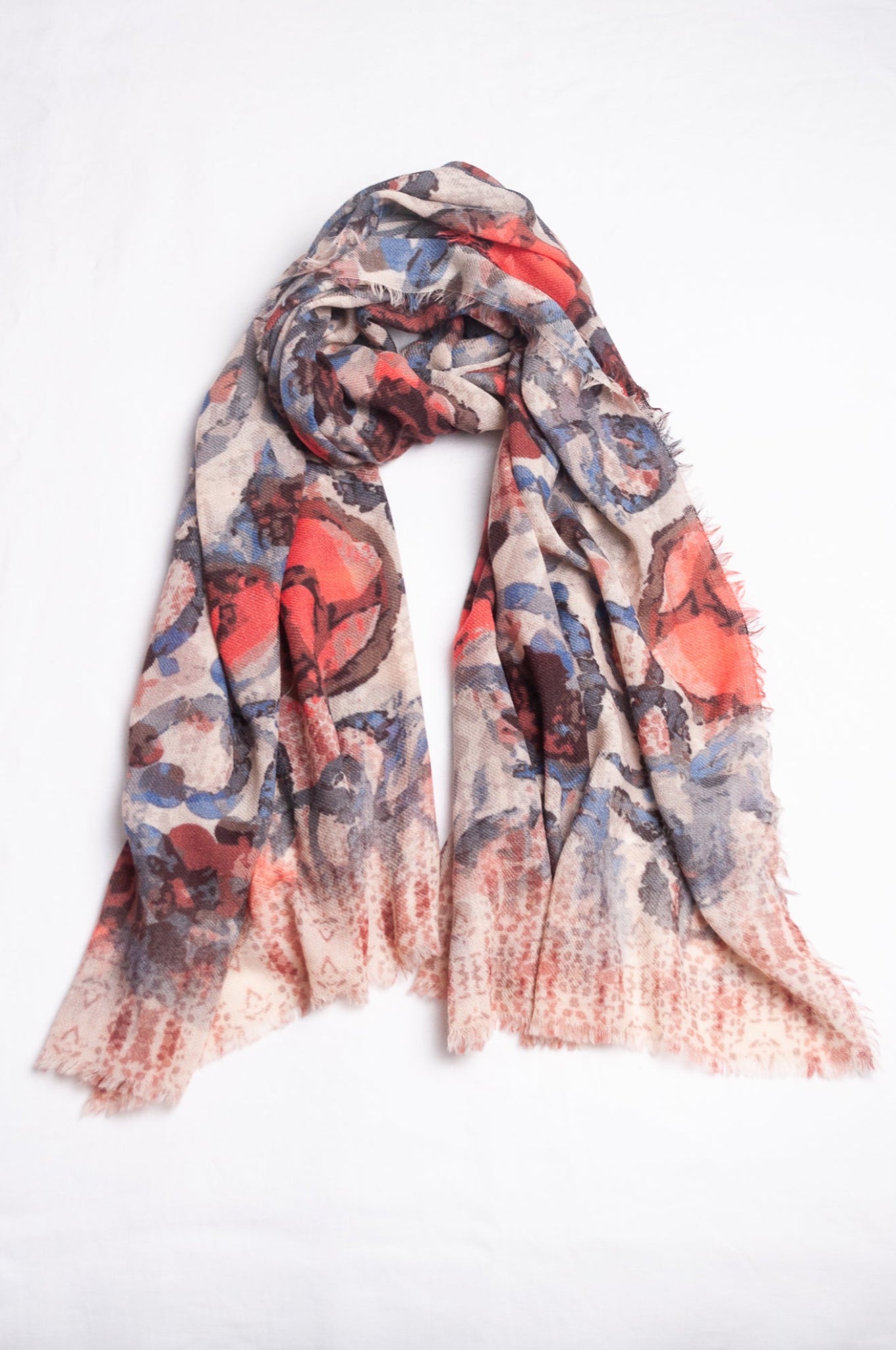 Colorful wool modal scarf with floral pattern on a white background