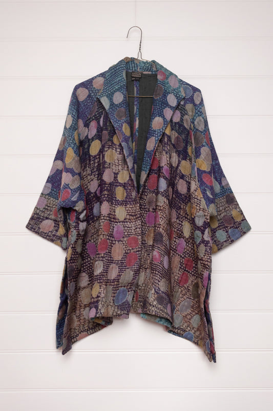 NK digitally printed fine wool cotton lined long kimono style jacket with multi coloured large spots.