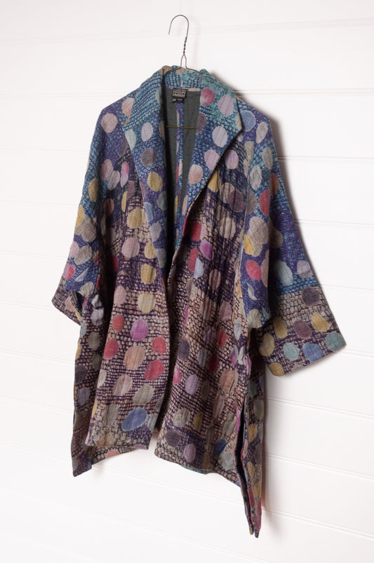 NK digitally printed fine wool cotton lined long kimono style jacket with multi coloured large spots.