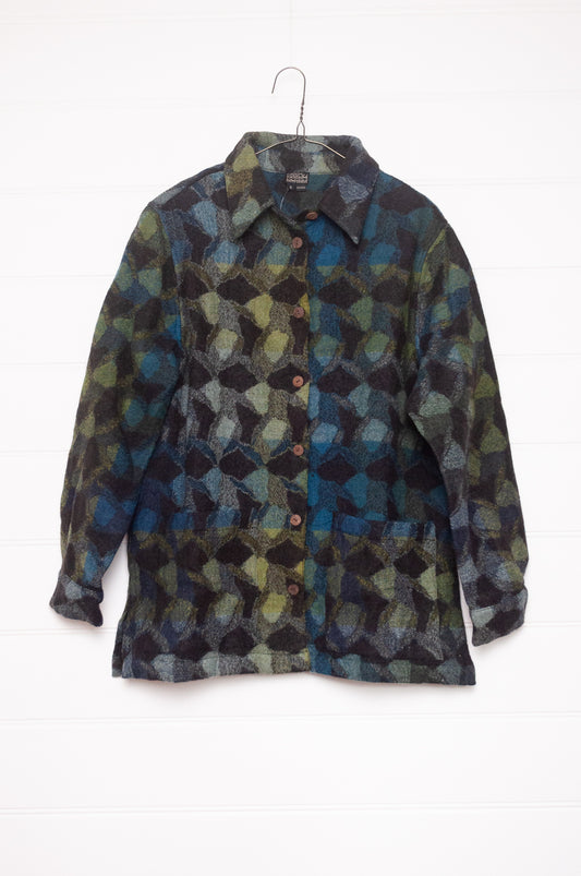 NK handwoven wool button up shirt jacket shacket in deep blue and green.