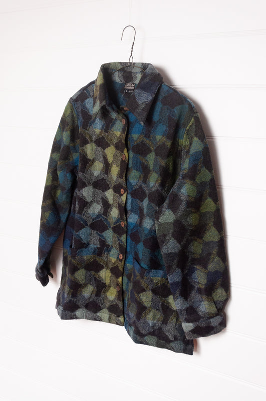 NK handwoven wool button up shirt jacket shacket in deep blue and green.