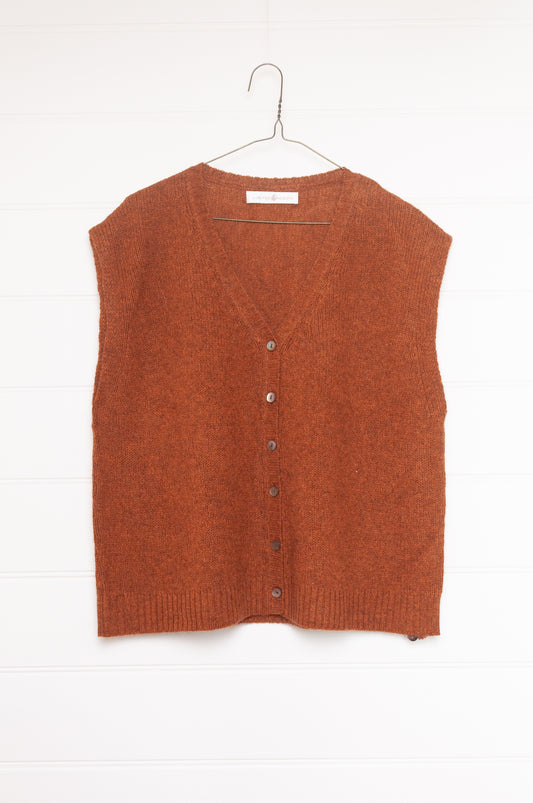 Baby yak wool light rust brown wool knitted button up V-neck vest.