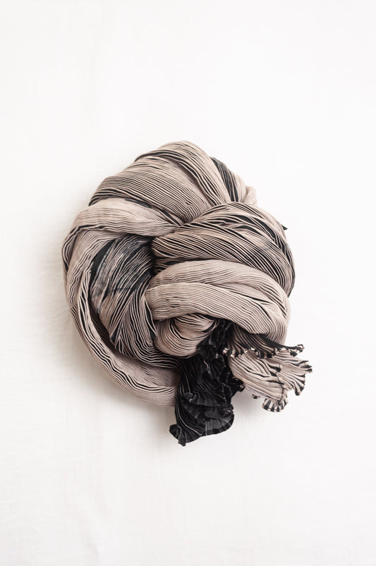 Neeru Kumar crinkle silk shibori scarf in black and cream.