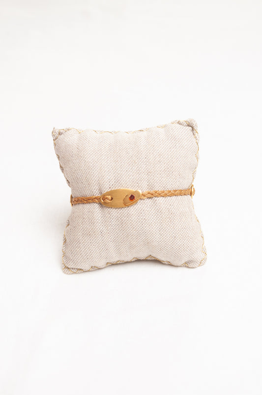 Mary Gaitani made in Greece plaited waxed cord bracelet with gold buckle charms.