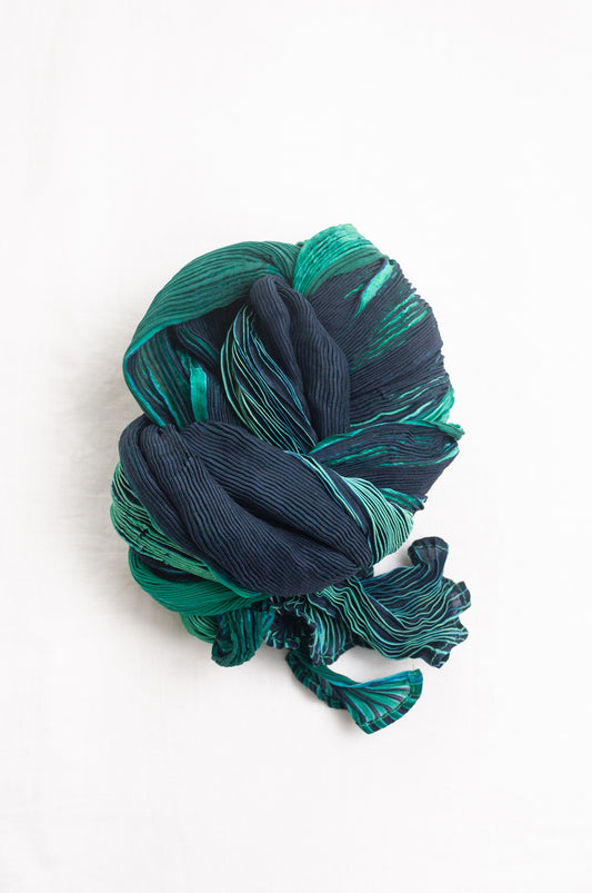 Neeru Kumar crinkle silk shibori scarf in deep blues, emerald and aqua greens.