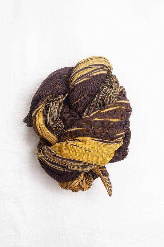 Neeru Kumar crinkle silk shibori scarf in chocolate brown and golden yellow.