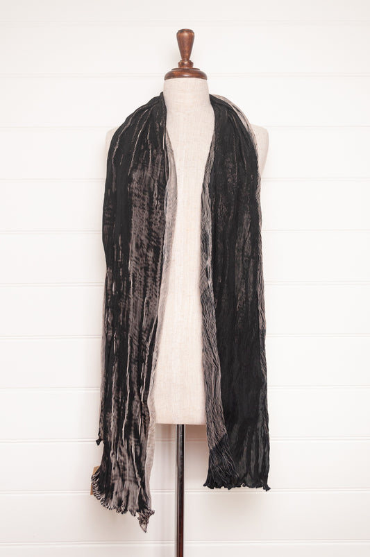 Neeru Kumar crinkle silk shibori scarf in black and cream.