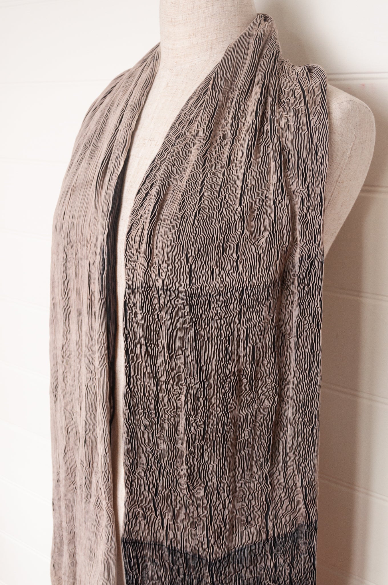Neeru Kumar crinkle silk shibori scarf in black and cream.