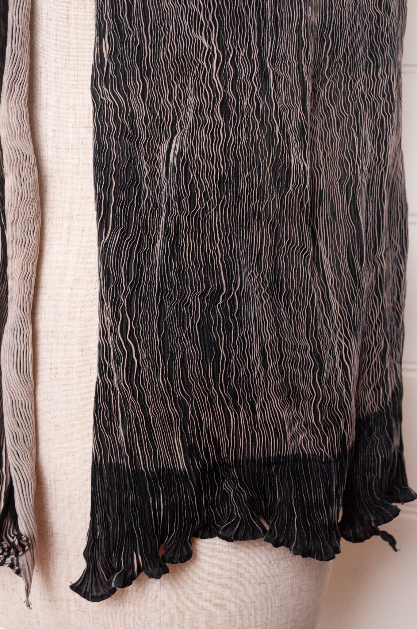Neeru Kumar crinkle silk shibori scarf in black and cream.