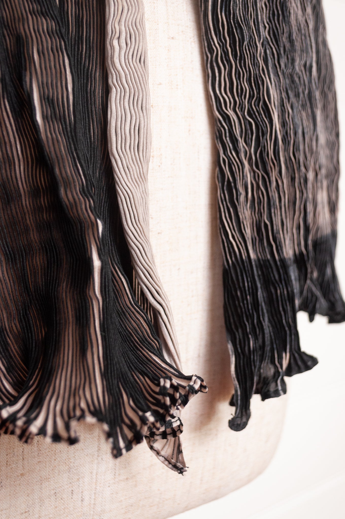 Neeru Kumar crinkle silk shibori scarf in black and cream.