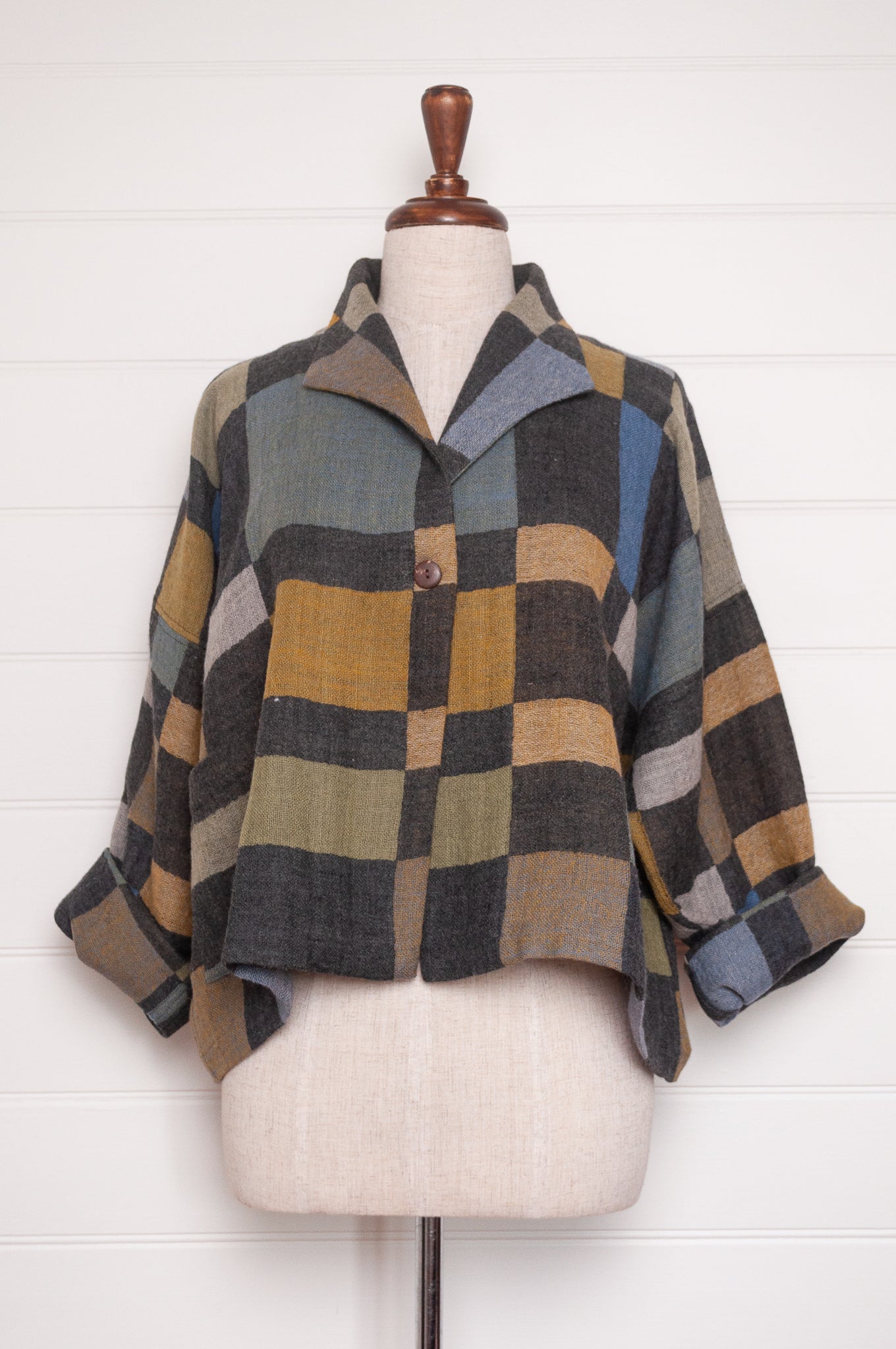 NK Coco handwoven wool jacket in charcoal and cool winter shades blanket checks.